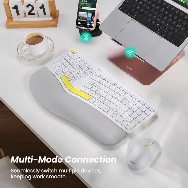 Alt view image 5 of 5 - Nulea KM75 Advanced Ergonomic Wireless Keyboard and Mouse Combo, Comfortable Natural Typing, Palm Rest, Multi-Device (Bluetooth, 2.4G, Wired), Rechargeable, for Multi-OS, Windows, Mac, Android(Yellow)