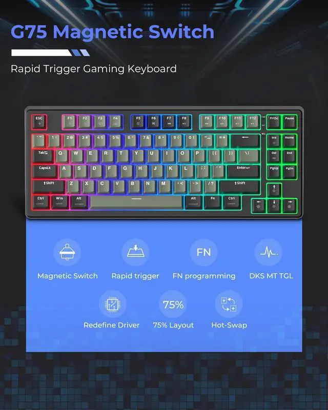 Alt view image 2 of 5 - OHY 75 Percent Rapid Trigger Gaming Keyboard, XVX G75 Wired Mechanical Keyboard 85 Keys with Hyper-Fast Actuation, Dedicated Magnetic Switch, Actuation Point Adjustable,8K Hz Polling Rate-Black