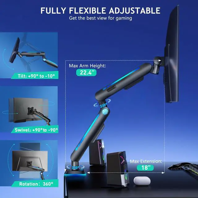 Alt view image 3 of 5 - Monitor Mount, Heavy Duty Single Monitor Mount with RGB Light, Height Adjustable Monitor Arm for 17''-32'' Screens up to 19.8 lbs, Vesa Mount with Clamp and Grommet Base, Monitor Desk Mount Black