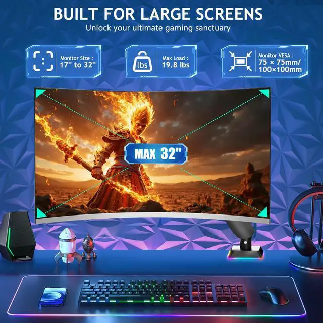 Alt view image 5 of 5 - Monitor Mount, Heavy Duty Single Monitor Mount with RGB Light, Height Adjustable Monitor Arm for 17''-32'' Screens up to 19.8 lbs, Vesa Mount with Clamp and Grommet Base, Monitor Desk Mount Black