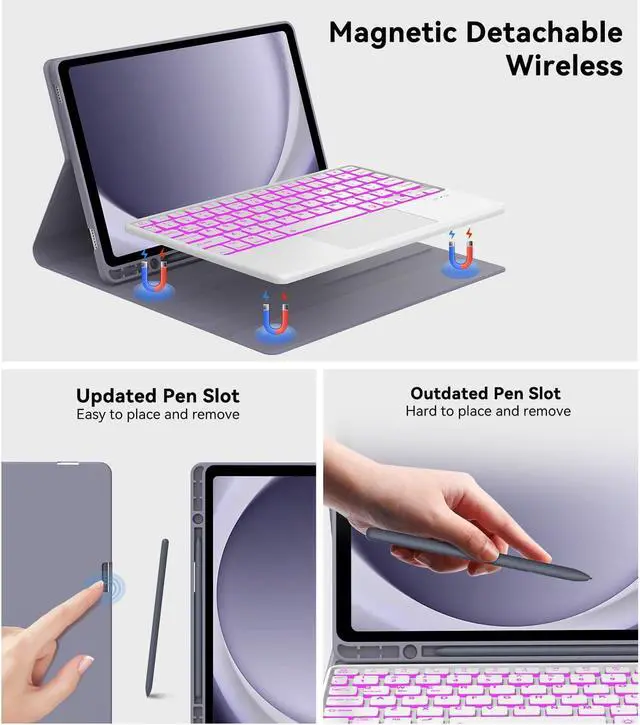 Alt view image 2 of 5 - Keyboard Case for Samsung Galaxy Tab A9 Plus 11 Inch, 7-Color Backlit, Multi-Touch Trackpad, Magnetic Detachable Wireless Bluetooth Keyboard, Slim Folio Tablet Cover with S Pen Holder, Auto Sleep/Wake