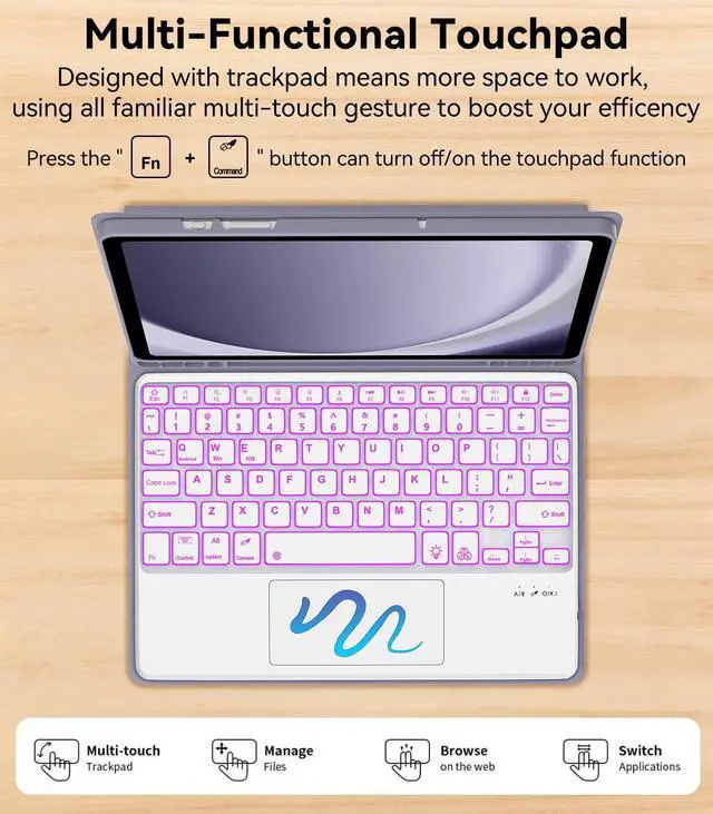 Alt view image 4 of 5 - Keyboard Case for Samsung Galaxy Tab A9 Plus 11 Inch, 7-Color Backlit, Multi-Touch Trackpad, Magnetic Detachable Wireless Bluetooth Keyboard, Slim Folio Tablet Cover with S Pen Holder, Auto Sleep/Wake