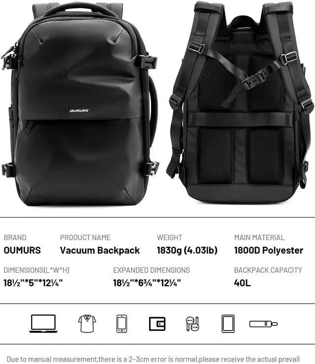 Alt view image 2 of 5 - Oumurs Laptop Backpack for Long Travel with 30-40L Expandable Large Capacity Water-resistant Black 1800D Oxford Fabric Lamination Fabric
