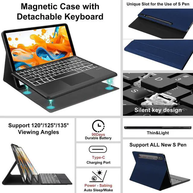 Alt view image 4 of 5 - OYOSUOGG Touchpad Galaxy Tab S10/S9/S8 Ultra Keyboard Case, Case with 7 Color Backlit Keyboard, Smart Protective Cover S Pen Holder Auto Sleep/Wake, Navy