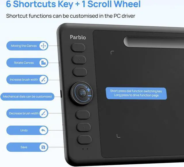 Alt view image 5 of 5 - Parblo Intangbo SW Wireless Drawing Tablet,7x4 inch,6 Customized Keys, Digital Graphics Tablets with 16384 Pressure Levels, S01 Battery-Free Stylus Compatible with Windows/Mac/Android-Black