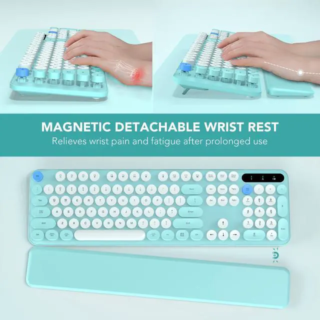 Alt view image 2 of 5 - Wireless Keyboard, Round Keycaps, Retro Typewriter Keyboard with Detachable Wrist Rest, Sleep Mode, Foldable Legs, 2.4GHz Full-size Cordless Computer Keyboard for Windows/PC/Laptop (Colorful-Blue)