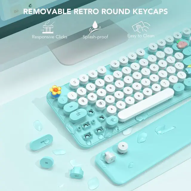 Alt view image 4 of 5 - Wireless Keyboard, Round Keycaps, Retro Typewriter Keyboard with Detachable Wrist Rest, Sleep Mode, Foldable Legs, 2.4GHz Full-size Cordless Computer Keyboard for Windows/PC/Laptop (Colorful-Blue)