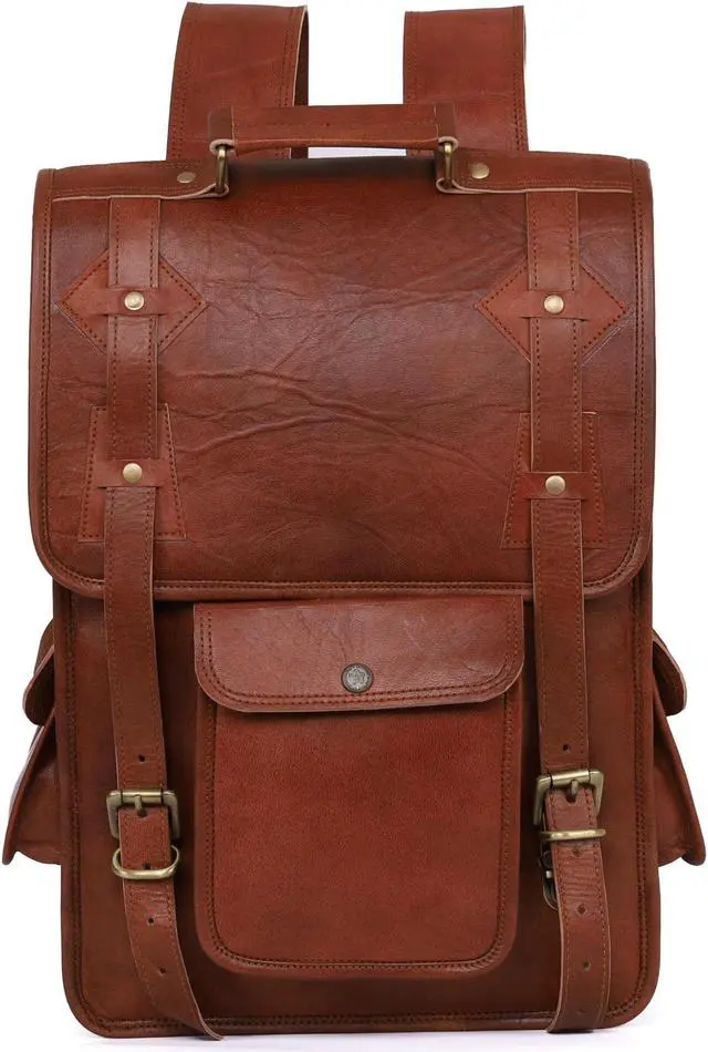Alt view image 2 of 5 - Jainque Handmade 16 Inch Brown Leather Backpack - Vintage Genuine Leather Backpack for Men and Women with Padded Laptop Compartment