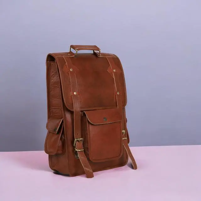 Alt view image 5 of 5 - Jainque Handmade 16 Inch Brown Leather Backpack - Vintage Genuine Leather Backpack for Men and Women with Padded Laptop Compartment