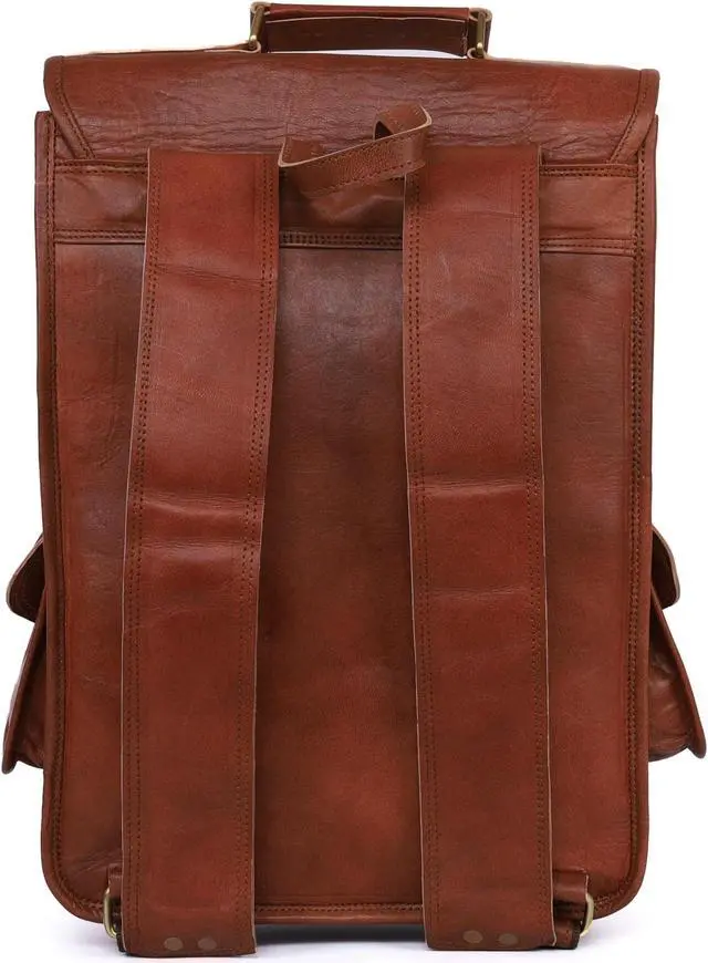 Alt view image 3 of 5 - Jainque Handmade 16 Inch Brown Leather Backpack - Vintage Genuine Leather Backpack for Men and Women with Padded Laptop Compartment
