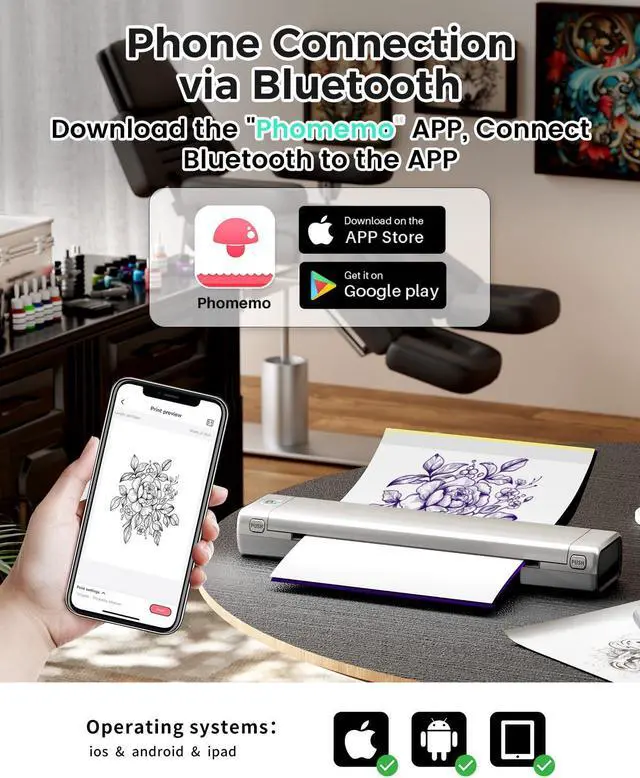 Alt view image 3 of 5 - Phomemo Tattoo Printer with Case and 110 Sheets Tattoo Transfer Paper, Portable Tattoo Stencil Machine for Tattoo Artists & Beginners,Inkless Printing, Compatible with Phone & PC