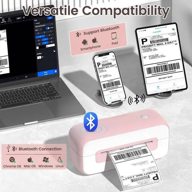 Alt view image 2 of 5 - Phomemo Bluetooth Thermal Shipping Label Printer, 2025 Upgrade 4x6 Desktop Thermal Label Printer for Shipping Packages/Small Business/Office/Home, for , Ebay, Shopify, Etsy, UPS, FedEx - Pink