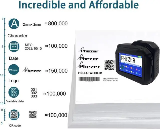 Alt view image 3 of 5 - Phezer Portable Mini Handheld Inkjet Printer PC98 for Flat and Curved Surface, with Touch Screen Quick-Drying Ink Cartridge, 0.5" Print Height for Label Logo Date Code Text Number Image