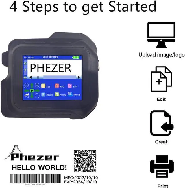 Alt view image 5 of 5 - Phezer Portable Mini Handheld Inkjet Printer PC98 for Flat and Curved Surface, with Touch Screen Quick-Drying Ink Cartridge, 0.5" Print Height for Label Logo Date Code Text Number Image