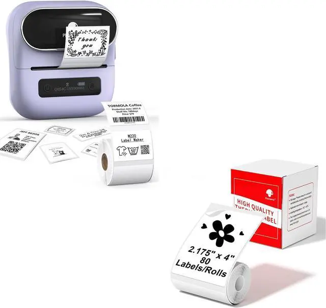 Main image of Phomemo M220 Label Maker Purple & 1 Roll White Thermal Label 2.175"x4"(54x101mm), Upgrade 3 Inch Barcode Portable Printer, for Office & Small Business, Compatible with Phones&PC