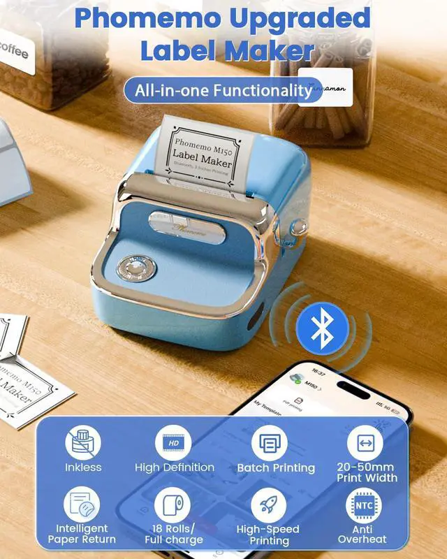 Alt view image 2 of 5 - Phomemo M150 Label Maker Machine, 2025 Upgraded Bluetooth Label Printer, 2 Inch Themal Sticker Printer for Home Use & Small Business, Compatible with iOS & Android Phone, with 1 Pack 40x30mm Label