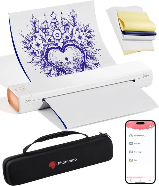 Alt view image 2 of 5 - Phomemo M08F Tattoo Machine with Storage Case & 60 Pcs Tattoo Transfer Paper, Compatible with Phone, Tablet & PC, Gift for Tattoo Artists and Tattoo Beginners, Bluetooth & USB Connection