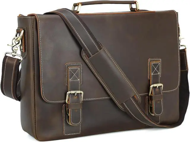 Main image of Polare Vintage Full Grain Leather Tote Briefcase Professional 16'' Laptop Shoulder Messenger Bag with YKK Metal Zippers(Dark Brown)