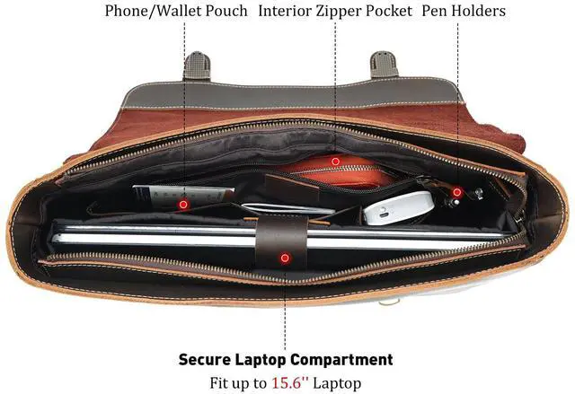 Alt view image 3 of 5 - Polare Vintage Full Grain Leather Tote Briefcase Professional 16'' Laptop Shoulder Messenger Bag with YKK Metal Zippers(Dark Brown)