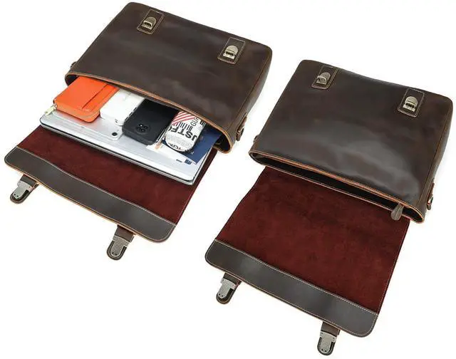 Alt view image 4 of 5 - Polare Vintage Full Grain Leather Tote Briefcase Professional 16'' Laptop Shoulder Messenger Bag with YKK Metal Zippers(Dark Brown)