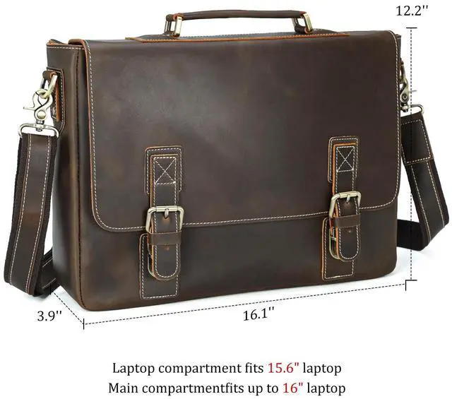 Alt view image 5 of 5 - Polare Vintage Full Grain Leather Tote Briefcase Professional 16'' Laptop Shoulder Messenger Bag with YKK Metal Zippers(Dark Brown)