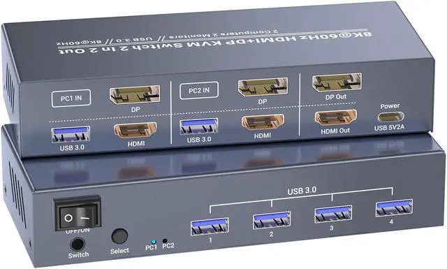 Main image of HDMI Displayport KVM Switch 2 Monitors 2 Computers, 8K60Hz 4K120Hz USB 3.0 Dual Monitor HDMI DP KVM Switch, 2 Port KVM Switch for Controlling 2 PC with 1 Set of Keyboard, Mouse and 2 Monitors