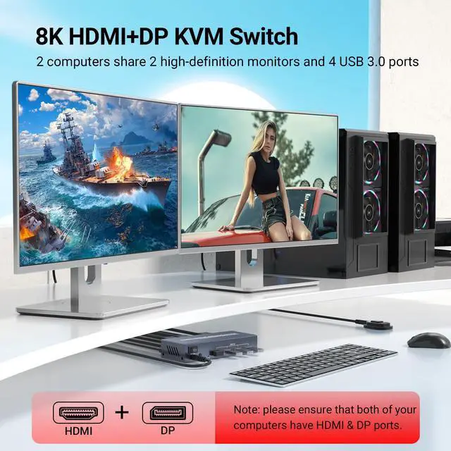 Alt view image 2 of 5 - HDMI Displayport KVM Switch 2 Monitors 2 Computers, 8K60Hz 4K120Hz USB 3.0 Dual Monitor HDMI DP KVM Switch, 2 Port KVM Switch for Controlling 2 PC with 1 Set of Keyboard, Mouse and 2 Monitors