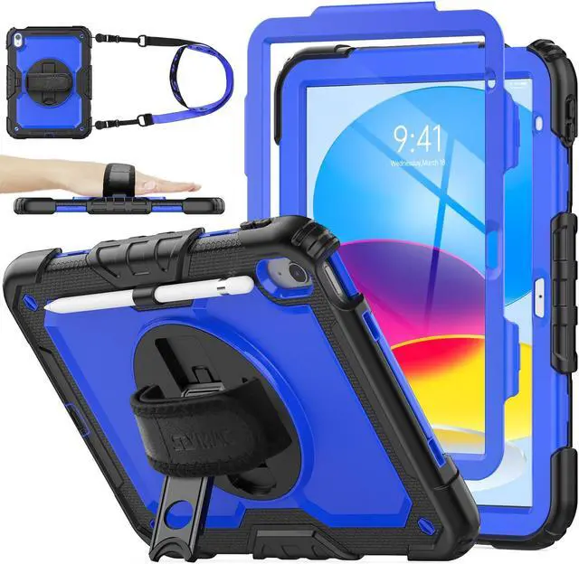 Main image of SEYMAC stock Case for iPad (A16) 11th/10th Generation 11''/10.9'' 2025/2022, Full-Body Drop Protection Case with Screen Protector &360deg Rotate Hand Strap/Stand, Blue+Black