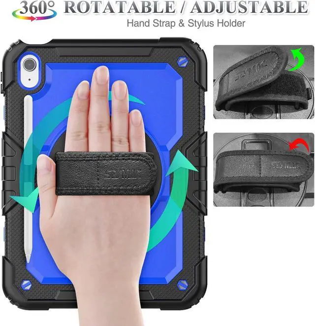 Alt view image 2 of 5 - SEYMAC stock Case for iPad (A16) 11th/10th Generation 11''/10.9'' 2025/2022, Full-Body Drop Protection Case with Screen Protector &360deg Rotate Hand Strap/Stand, Blue+Black