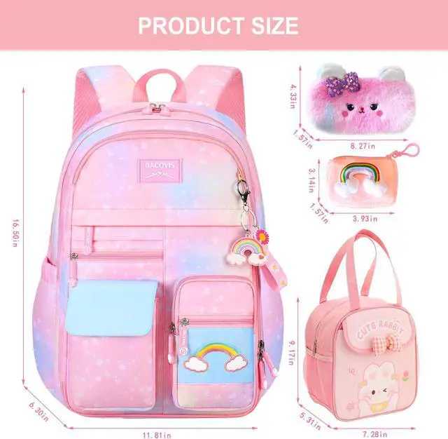Alt view image 3 of 5 - Psecoll 5Pcs Kawaii Backpack Set for Girls, Kids Pink Bookbag Rainbow Laptop Bag Water-Resistant Lightweight Daypack, Large Capacity School Backpack Gradient Double Shoulder Backpack (Pink)