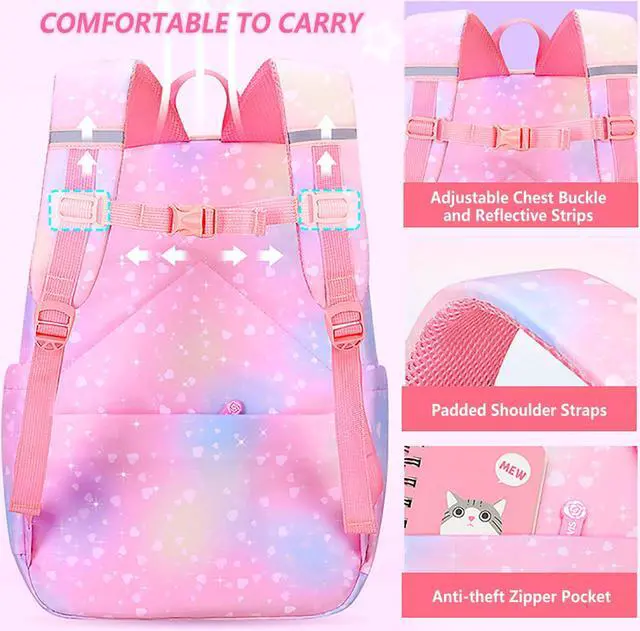 Alt view image 5 of 5 - Psecoll 5Pcs Kawaii Backpack Set for Girls, Kids Pink Bookbag Rainbow Laptop Bag Water-Resistant Lightweight Daypack, Large Capacity School Backpack Gradient Double Shoulder Backpack (Pink)