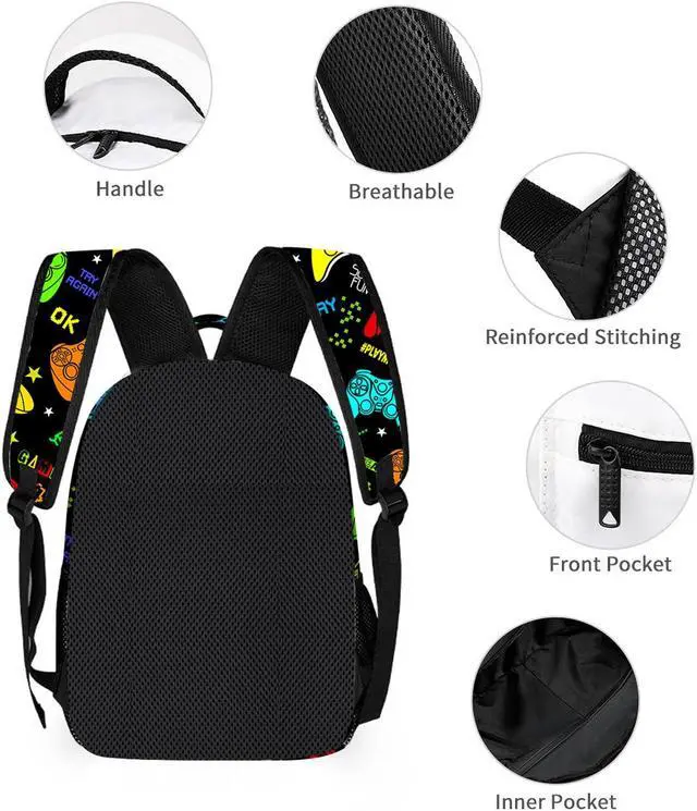 Alt view image 3 of 5 - Psecoll 3pcs Colorful Cartoon Games Backpack Set, Multi-functional Laptop Bag 17in Water Resistant Daypack, Large Capacity Double Shoulder Backpack With Lunch Bag (Colorful Cartoon Games