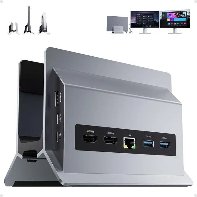 Main image of PULWTOP Laptop Docking Station Dual Monitor, 11 in 1 Vertical USB C Dock Stand with 2 HDMI 4K 60Hz, 3 USB A/C 10Gbps, 2 USB A 5Gbps, USB A 2.0, Ethernet, PD 3.0 Docking Station for Type-C Laptops