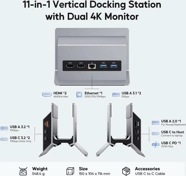 Alt view image 2 of 5 - PULWTOP Laptop Docking Station Dual Monitor, 11 in 1 Vertical USB C Dock Stand with 2 HDMI 4K 60Hz, 3 USB A/C 10Gbps, 2 USB A 5Gbps, USB A 2.0, Ethernet, PD 3.0 Docking Station for Type-C Laptops