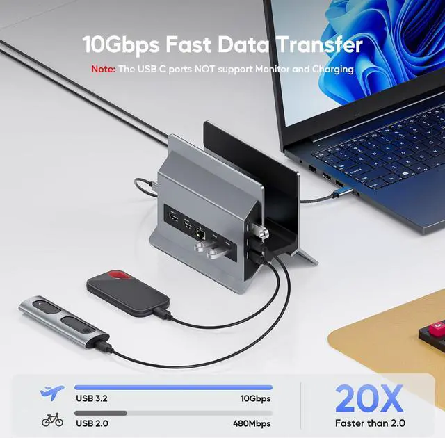 Alt view image 4 of 5 - PULWTOP Laptop Docking Station Dual Monitor, 11 in 1 Vertical USB C Dock Stand with 2 HDMI 4K 60Hz, 3 USB A/C 10Gbps, 2 USB A 5Gbps, USB A 2.0, Ethernet, PD 3.0 Docking Station for Type-C Laptops