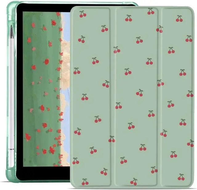Main image of JOYLAND Cute Cherry Printed Case for 10.2 Inch iPad 9th/7th/8th Generation with Pencil Holder, Auto Wake/Sleep for iPad 2021/2020/2019 Shockproof Case, Trifold Stand Green Girly Case for Girls Kids