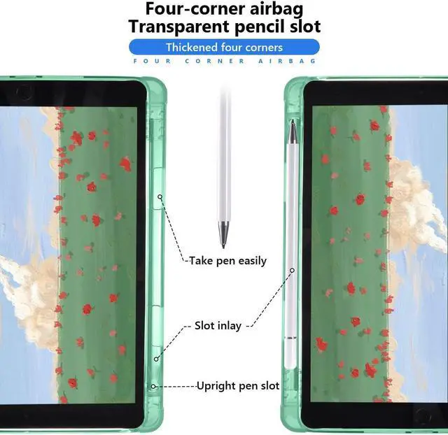 Alt view image 2 of 5 - JOYLAND Cute Cherry Printed Case for 10.2 Inch iPad 9th/7th/8th Generation with Pencil Holder, Auto Wake/Sleep for iPad 2021/2020/2019 Shockproof Case, Trifold Stand Green Girly Case for Girls Kids