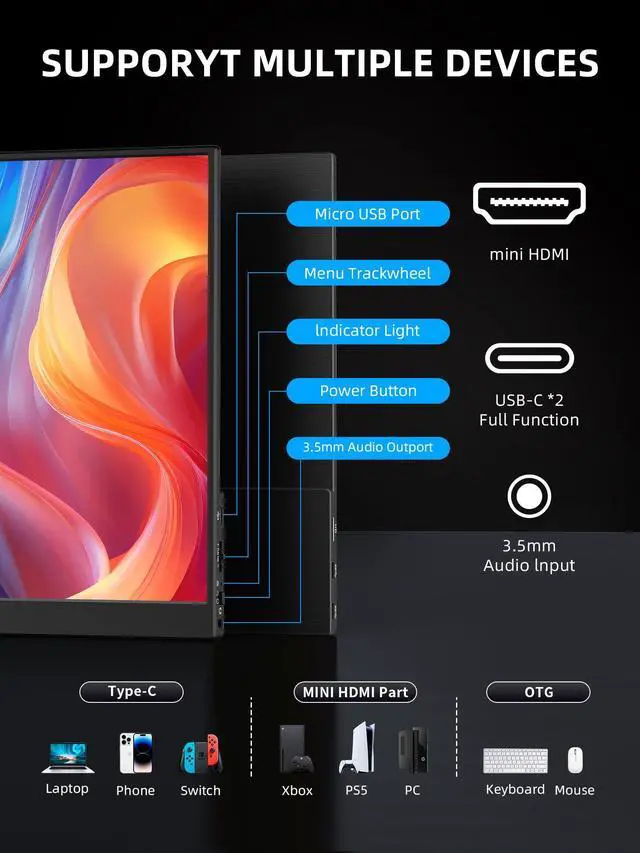 Alt view image 5 of 5 - Portable Monitor, 15.6" 1080p IPS Touchscreen Portable Monitor, Mini HDMI/USB C, Dual Speakers with Cover for Switch PS4/5 Laptop Phone