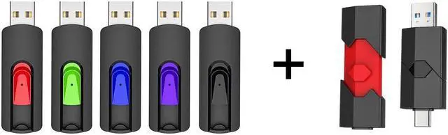 Main image of 7 Pack Mix-Color USB Sticks - 5 Pack Retractable 64GB USB 2.0 Flash Drive and 2 Pack 128GB USB 3.0 Dual USB C Thumb Drive
