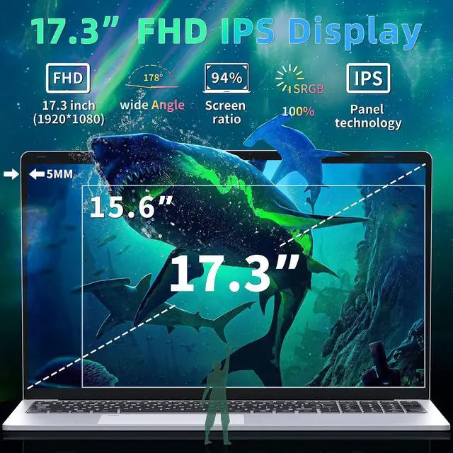 Alt view image 2 of 5 - 17.3" FHD(1920 x 1080) IPS Business Laptop Computer, 16G DDR4 RAM, in tel Celeron N5095 Quad-Core Processor,Win 11 Pro PC, HDMI, Fingerprint Reader, Backlit KB,BT 5.0/WiFi,Silver (1T SSD)