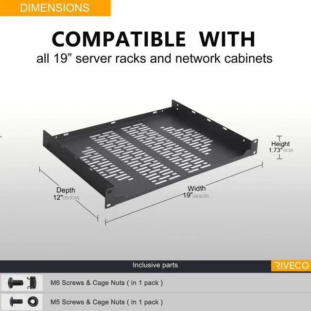 Alt view image 4 of 5 - RIVECO 2 PCS 12" Rack Shelves for 19 inches Network Rack & Cabinets, 1U Rack Mount Shelf Vented Cantilever Tray, for Server, IT & Sound Equipment