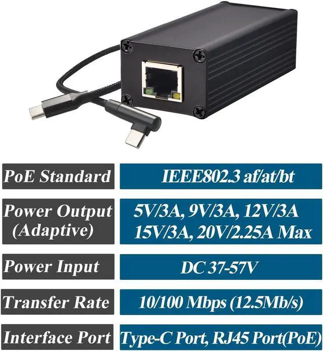 Alt view image 3 of 5 - REVODATA PoE to USB-C Converter Adapter, Type-C Output Power & Ethernet 2 in 1, 5V to 20V Max 45W Charging for Tablet/Laptop, 10/100Mbps Rate, IEEE802.3BT Compatible (PD2CBT-20V)