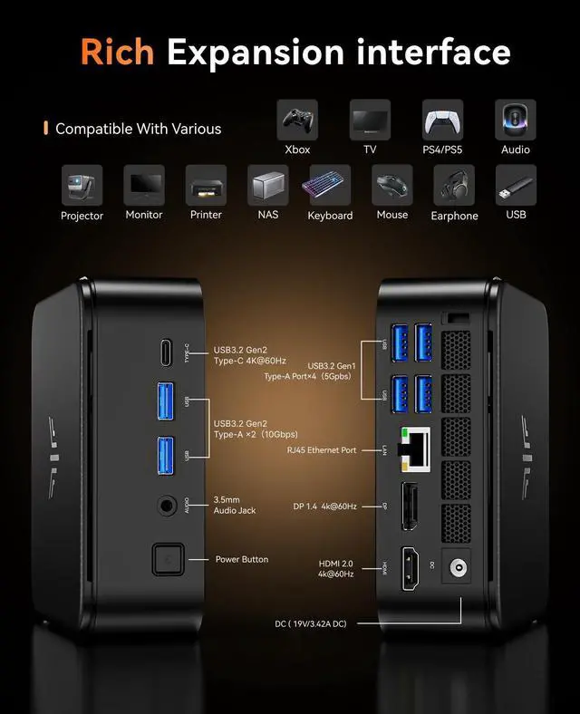 Alt view image 3 of 5 - KAMRUI Mini PC with AMD Ryzen 7 5825U, 16GB DDR4 512GB M.2 SSD Mini Computer, Mini Gaming PC with USB Type-C, Desktop Computer Supports Triple 4K Display, WiFi 6, BT 5.2