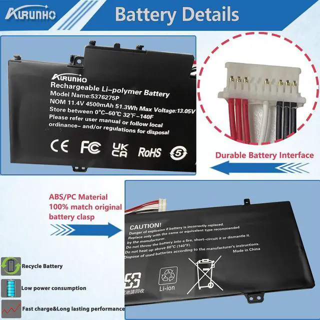 Alt view image 3 of 5 - AURUNHO 5376275P NV-509067-3S UTL-509068-3S 51.3Wh Laptop Battery Replacement for Gateway GWTN156-5BL GWTN156-5BK GWTN156-4PR GWTN141-10BL GWTN141-4BK GWTN141-5BL GWTN141-4BL Series 11.4V