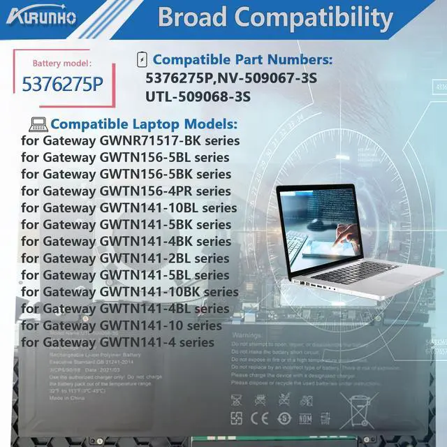 Alt view image 5 of 5 - AURUNHO 5376275P NV-509067-3S UTL-509068-3S 51.3Wh Laptop Battery Replacement for Gateway GWTN156-5BL GWTN156-5BK GWTN156-4PR GWTN141-10BL GWTN141-4BK GWTN141-5BL GWTN141-4BL Series 11.4V