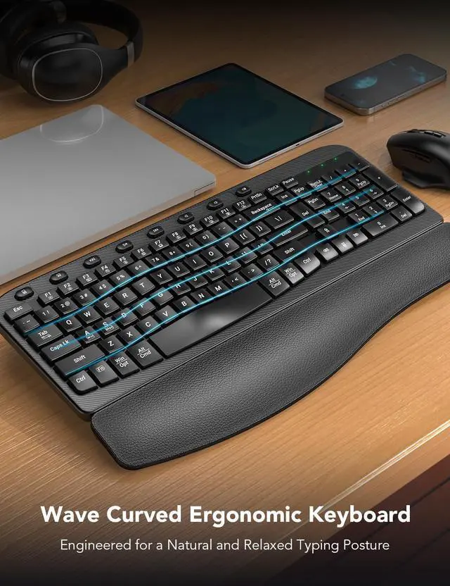 Alt view image 2 of 5 - Wireless Keyboard and Mouse Combo, Ergonomic Wave Keys, Cushioned Plam Rest, Comfortable Silent Natural Typing, 2.4G Lag-Free, Full Size Keyboards Cordless Set for Multi-OS, Windows/Mac -SABLUTE