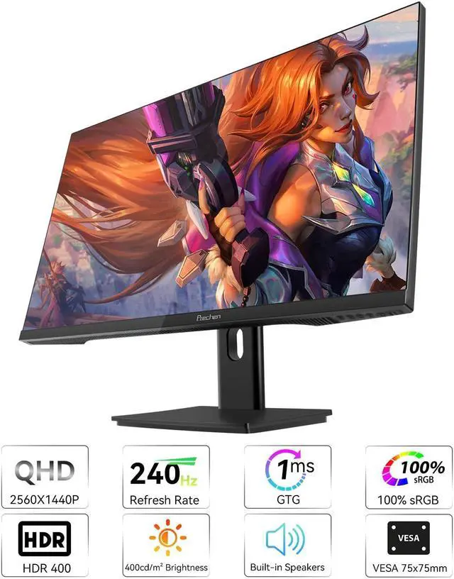 Alt view image 2 of 5 - 27 Inch 2K 240Hz QHD 2560x1440P Gaming Monitor, 1ms, 400cd/m2, 100% sRGB PC Screen, AMD FreeSync Premium Pro Compatible, 2X DispalyPort 1.4 & HDMI 2.0, Dual Built-in Speakers, VESA Supports, Black