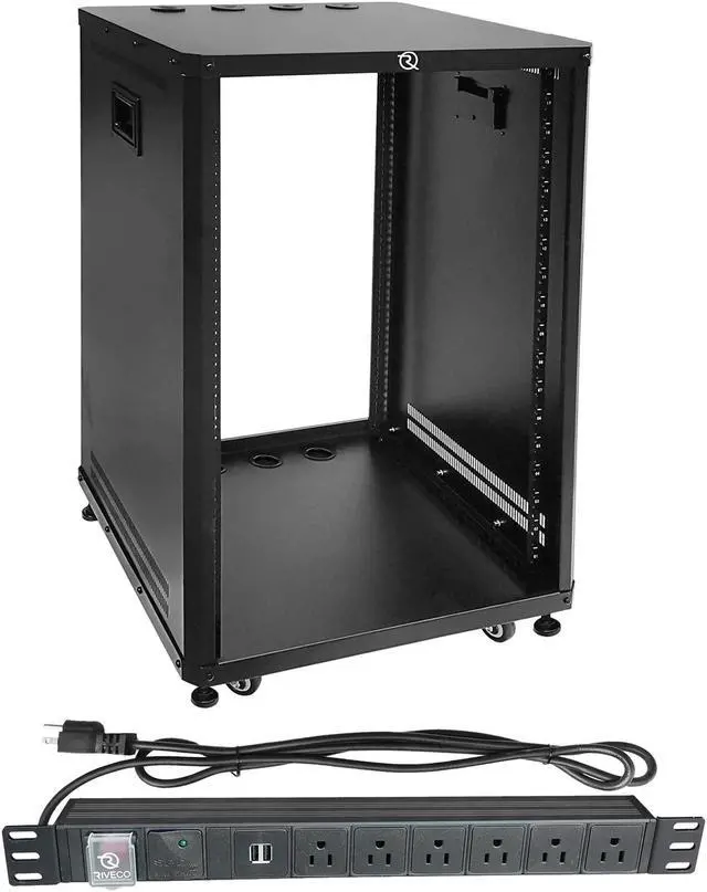 Main image of RIVECO POMU 18U Stereo & Server Rack with Caster Wheels, Rolling Network Cabinet, Open Frame Rack +RIVECO PDU 6 Outlets with 2 USB Ports