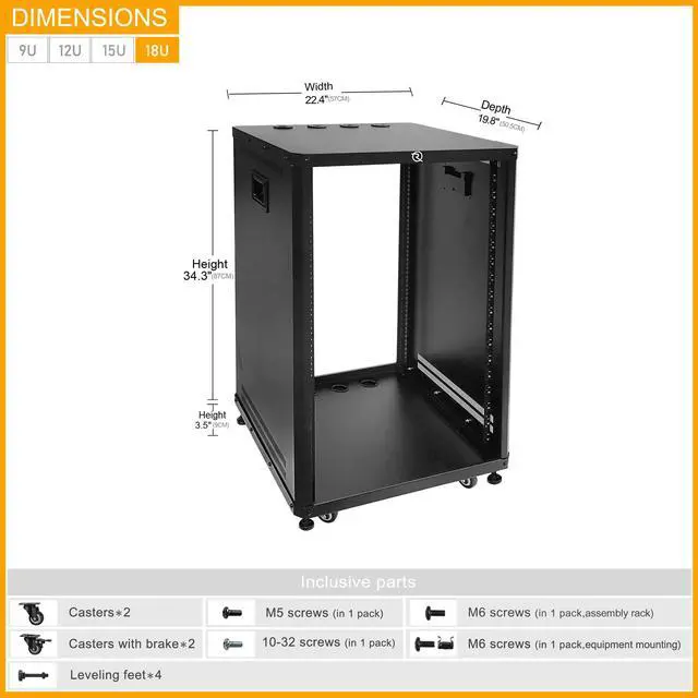 Alt view image 2 of 5 - RIVECO POMU 18U Stereo & Server Rack with Caster Wheels, Rolling Network Cabinet, Open Frame Rack +RIVECO PDU 6 Outlets with 2 USB Ports