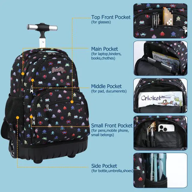 Alt view image 4 of 5 - seastig Rolling Backpack 16 Inch Wheeled Backpack Laptop Backpack Carry-on Backpack School College Travel
